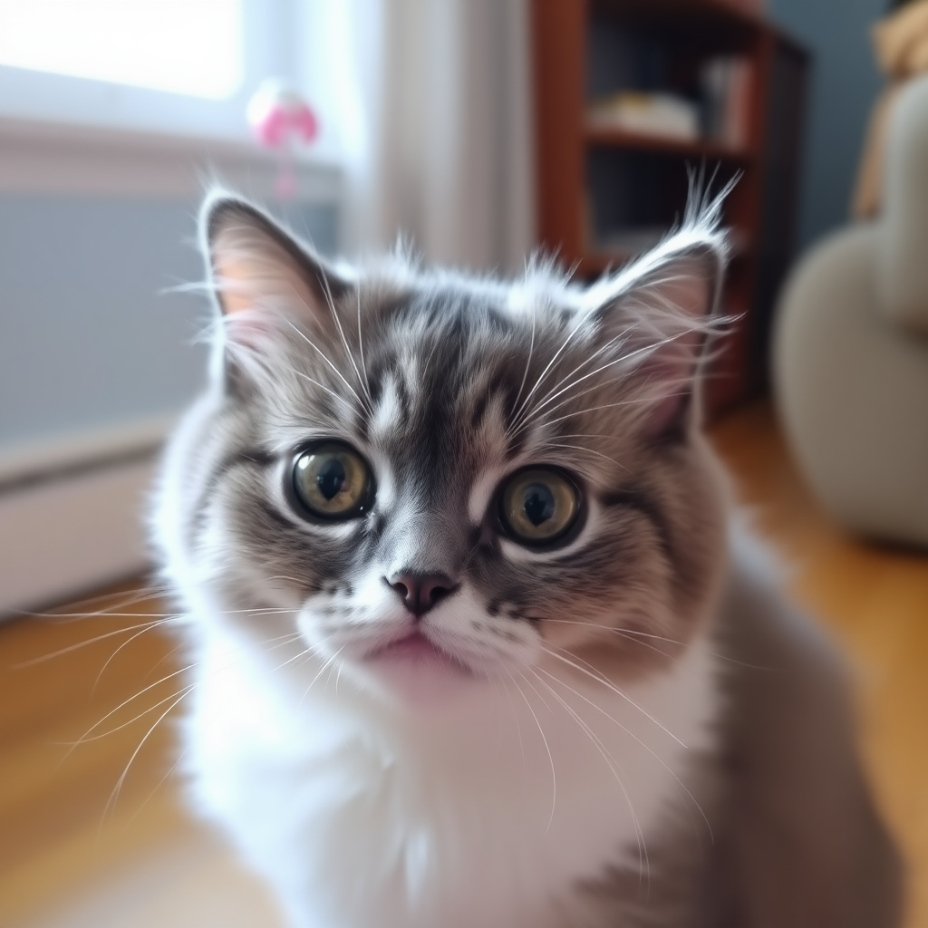 In the room, there is a gray and white cat, cute and plump, with large pupils.