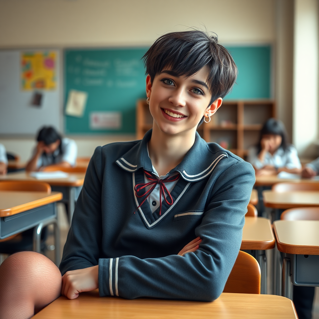 photorealistic, ultra high resolution, 16K, surreal fantasy, soft studio lighting, a pretty 16 year old goth male, slim male physique, short dark hair, blue eyes, goth makeup, earrings, sheer pantyhose, UK girls-school uniform, Mary-Jane shoes, sitting in the classroom, excited smile, facing the camera.