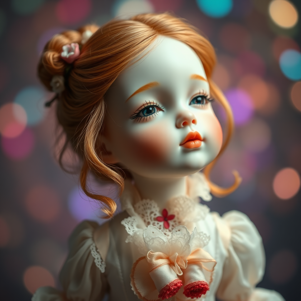 preteen artists doll, full body, bisque porcelain doll, genuine collectors doll, ginger girl, dreaming, Bokeh, abstract, brilliant colors, glittering, translucent, mother of pearl, opal, iridescent, natural skin, glowing, artistic photo, wide angle, cute, interesting, Victorian dress, wuxia movie