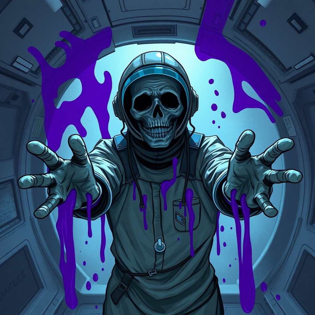 Cinematic sci-fi horror digital drawing. Mindless space crew member approaching the viewer with arms reaching out. Purple goo smears.