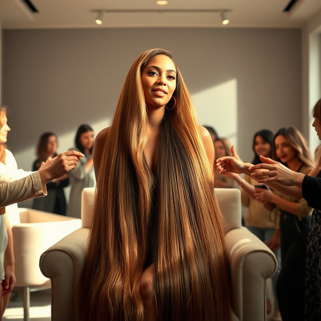 In an elegant, sunlit salon, adorned with soft, minimalistic decor, the stunning Beyoncé sits gracefully in a plush chair, her incredibly long, luxurious hair cascading like a flowing waterfall of silk down her shoulders and past her waist. The gentle glow of overhead lights highlights the rich, deep hues of her hair, each strand reflecting the brilliance of the space around her. 

As an interactive long hair fetish performance art exhibit unfolds, curious visitors gather around, their eyes alight with fascination and excitement. Some eagerly reach out, gently grasping her hair between their fingers, feeling the smooth texture slip through their hands, while others playfully tug at it, testing the boundaries of their interactions. Each movement is accompanied by a symphony of soft gasps and murmurs of appreciation, enhancing the atmosphere of intimacy and connection.

The background is a simple, unobtrusive gray, allowing the artistry of the moment to take center stage. The air is charged with a sense of wonder and exploration, as visitors not only admire Beyoncé's hair but also engage in this tactile experience, deepening their understanding of the artistry behind her presence. Her expression is a mixture of serenity and playful engagement, reflecting her comfort and trust in this unique performance, ultimately creating a captivating scene where art and audience intertwine seamlessly.