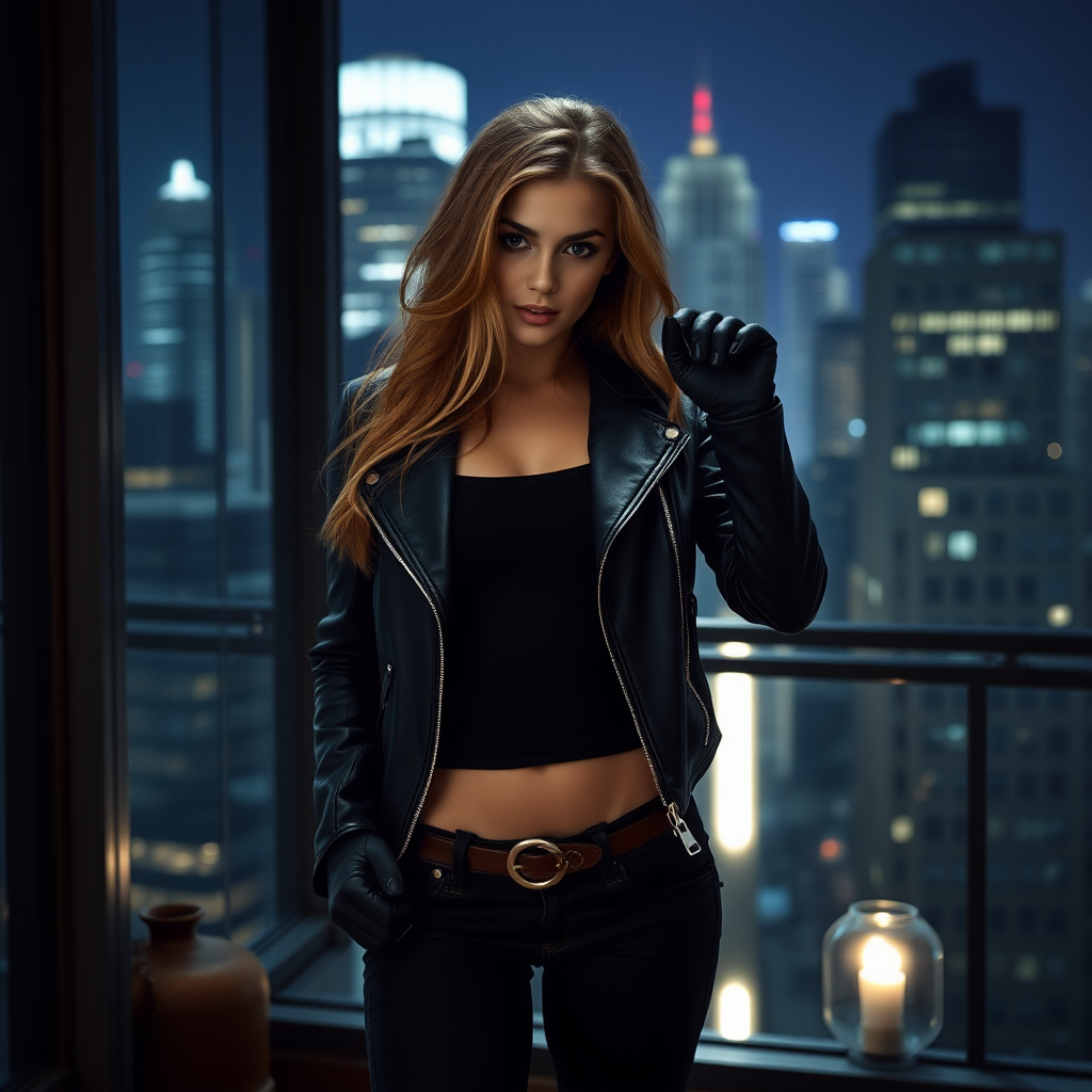 A beautiful and hot thief girl in black leather jacket over black t-shirt with black tight jeans and gloves in a Manhattan penthouse at night.