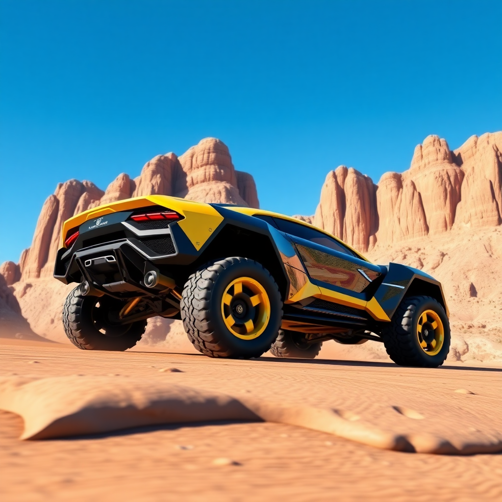 A 3D render of a futuristic Maybach supercar with off-road tires. The car is inspired by the Megazord and has a black and yellow color scheme. The car is driving through a canyon with steep cliffs. The background is clear blue sky.