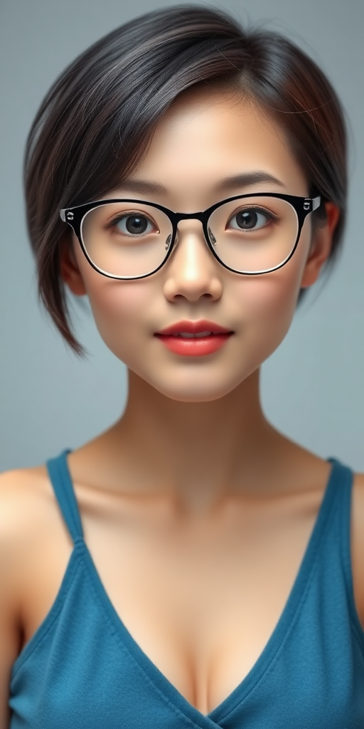 A beautiful Chinese girl, short hair, wearing glasses, plump figure, small chest, blue clothing.