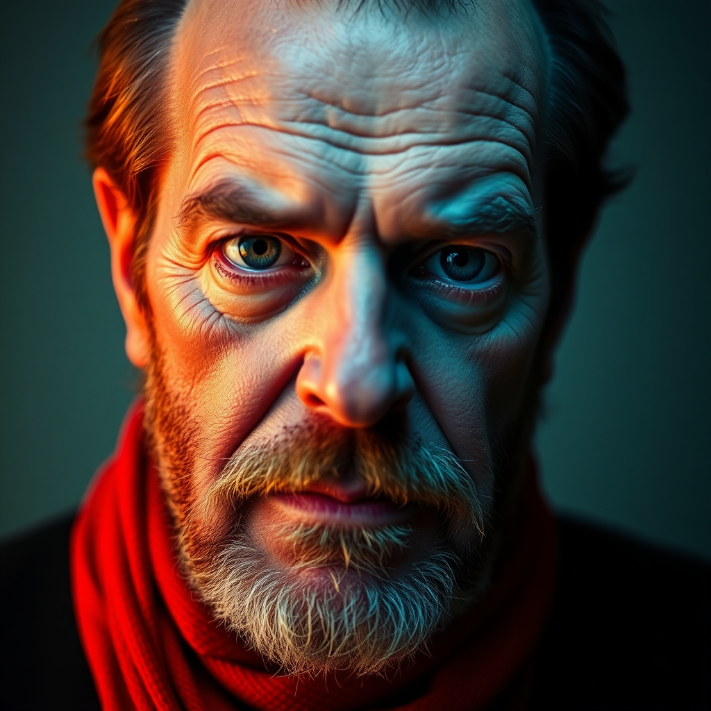 Create a picture portrait of Jack Nicholson in the style of Max Richter. Nicholson is 50 years old and looks directly into the camera. The portrait is in color.