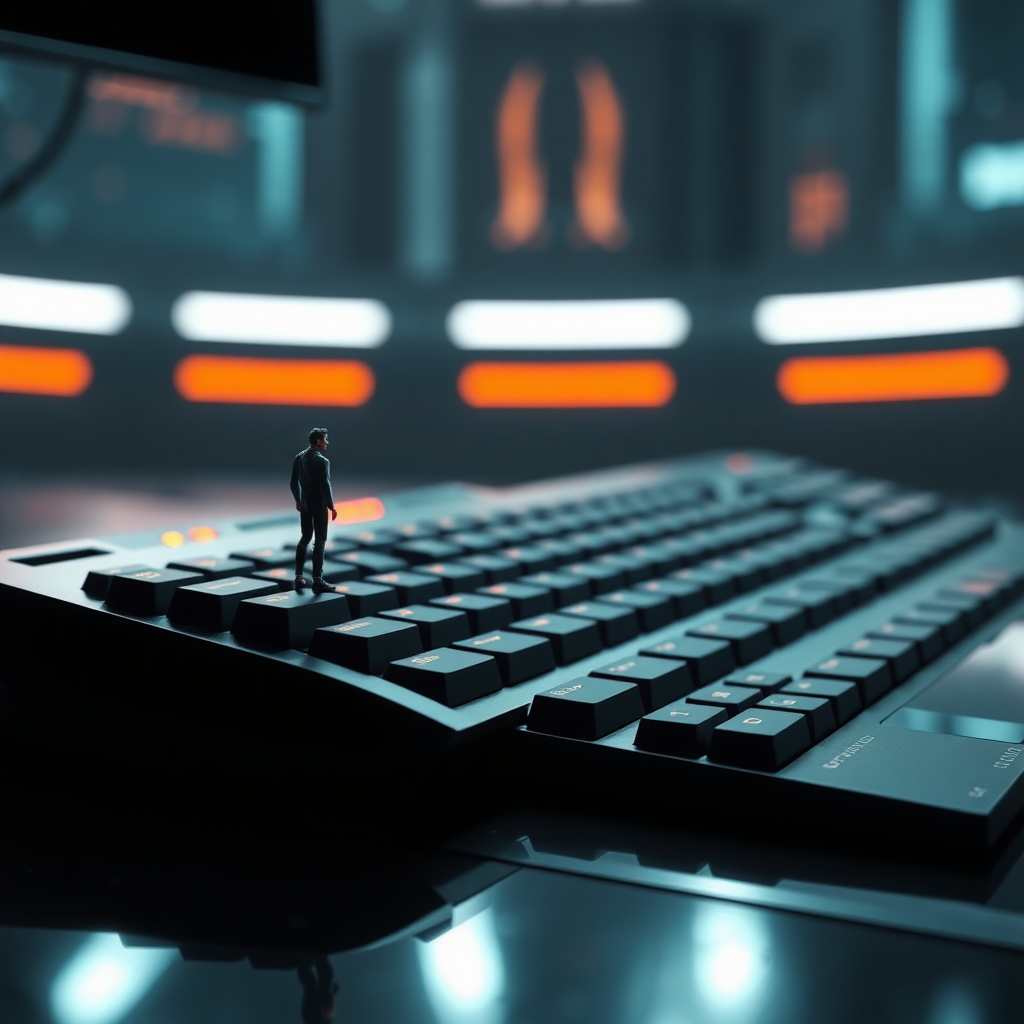 Sci-fi digital art. Tiny man standing on table near a futuristic keyboard that looks enormous compared to him. Looking up at the viewer.