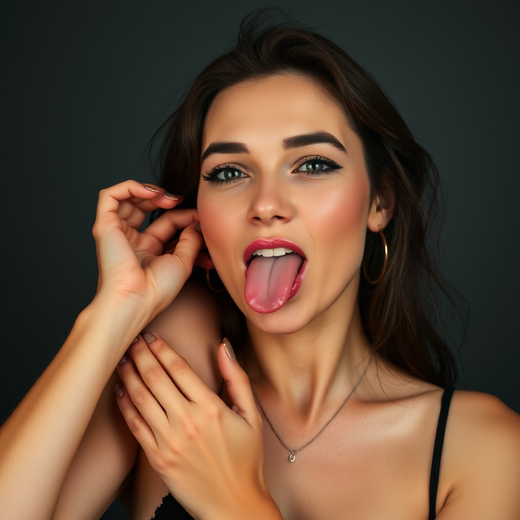 Pretty woman puts her tongue on her armpit arm up