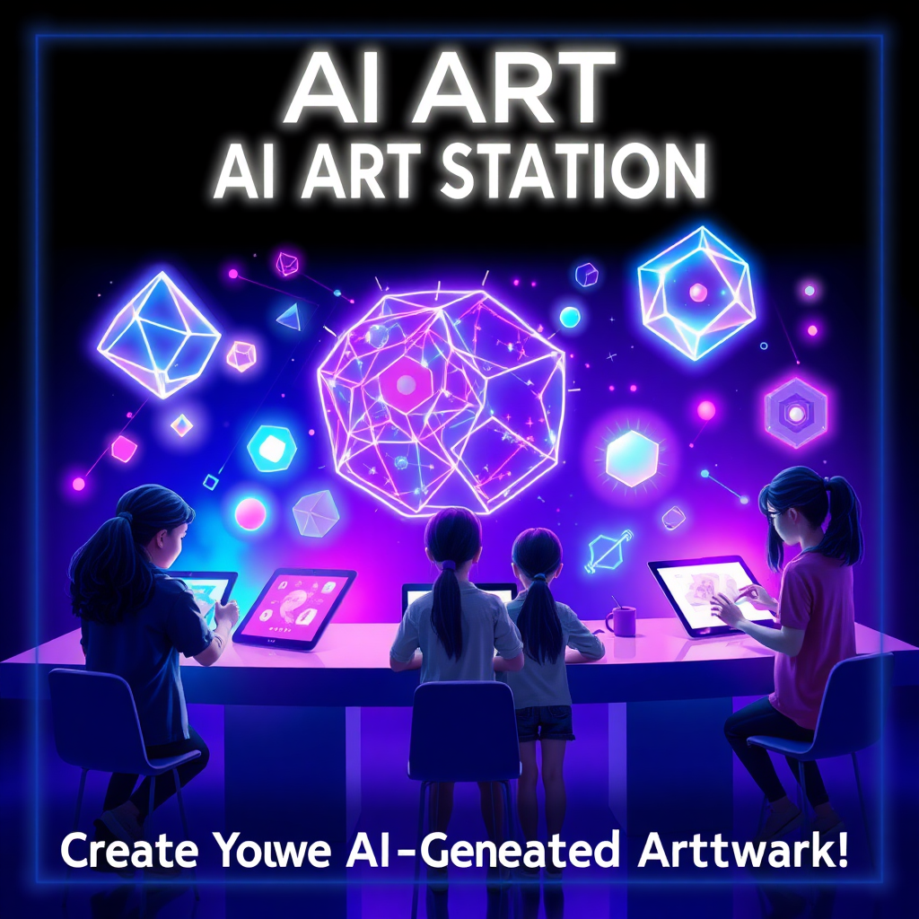 "Design a vibrant and futuristic poster for an event called 'AI Art Station,' featuring a dynamic setup with students interacting with tablets or laptops, generating their own AI-created artwork. The poster should convey a sense of creativity and excitement, with AI-generated art pieces floating around the students as if coming to life. Include glowing, colorful digital art elements, geometric shapes, and abstract patterns in the background to emphasize the technological aspect. The setting should feel both modern and approachable, with a sleek, minimalist layout for the equipment (tablets/laptops) and students. The title 'AI Art Station' should be prominently displayed in a futuristic, glowing font at the top, with a subtle light effect. The tagline 'Create Your Own AI-Generated Artwork!' should be placed below, in a friendly and bold font, inviting students to participate. Use colors like neon blues, purples, and soft pinks to give it a high-tech, imaginative feel."