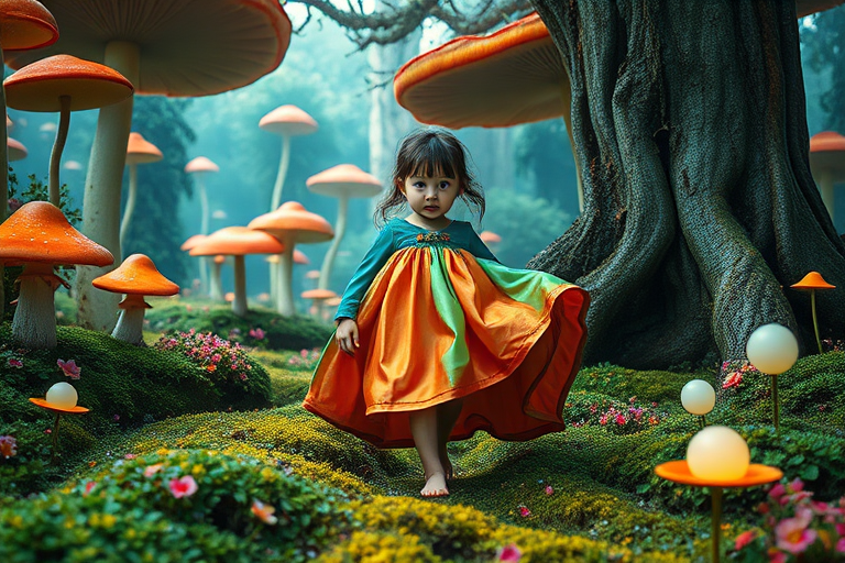 In a sprawling, whimsical landscape, a tiny girl finds herself dwarfed by her surroundings, lost in a world that feels impossibly vast and enchanting. Her oversized dress, an opulent cascade of shimmering silks in shades of emerald, cerulean, and coral, envelops her like a silken cocoon, flaring out dramatically around her delicate frame. Each gentle movement sends ripples through the fabric, creating a fantastical ballet of vibrant colors and intricate patterns that seem to dance in the soft breeze.

Her wide, expressive eyes, sparkling with a mix of wonder and trepidation, shine through the billowing layers of her dress. They reflect the kaleidoscope of sights around her—from the towering, spiraled mushrooms that reach toward the sky like brightly colored skyscrapers, to the soft, glowing orbs of light that flicker and float lazily through the air, illuminating her path with a warm, ethereal glow.

She stands on an exquisitely textured carpet of moss, plush and springy beneath her tiny bare feet, while the air around her is filled with the intoxicating scent of blooming wildflowers, sweet and lingering. The gentle rustle of leaves from enormous trees, their bark twisted and gnarled, provides a soothing melody that envelops her in a comforting embrace.

As she takes a hesitant step forward, the world responds to her presence; the oversized flora seems to lean closer, as if curious about this little girl who doesn’t quite belong. The atmosphere is thick with magic, holding promises of adventure and discovery, propelling her forward into this enchanting realm, where every twist and turn brings new possibilities and hidden wonders.