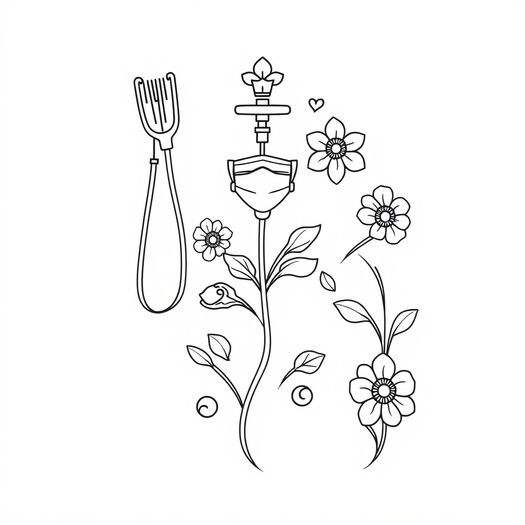 a black on white, line design depicting surgical and floral iconography