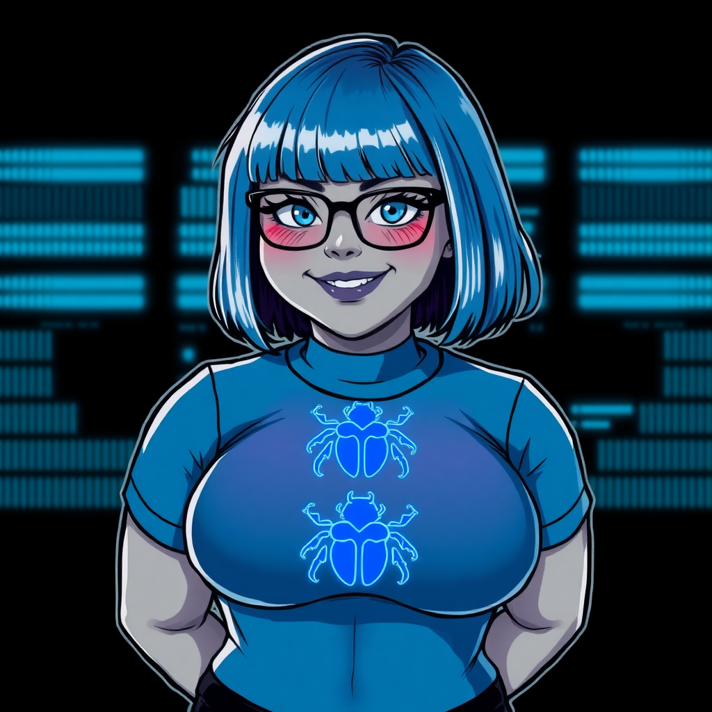 A 28-year-old, full-figured, middle gray metallic-skinned computer program-human hybrid with a maximum blue bob cut. She has a non-athletic build, highlighted by a prominent, round midsection. As a digital sidekick, computer hacker, and nerdy girlfriend to her cyberpunk vigilante boyfriend, her middle gray metallic skin and maximum blue lipstick emphasize her digital nature. She wears a tight-fitting, maximum blue t-shirt with a neon blue beetle chest icon, a black belt with a sapphire scarab buckle, and black gloves. Her bright blue eyes, black eyeglasses, and lovestruck smile with neon red blush accentuate her nerdiness. She stands bashfully with her hands behind her back, her bodysuit covering all her skin and emphasizing her full-figured, non-athletic physique. She is drawn as if she was in a retro 2D cyberpunk fighting game. She is clearly non-athletic, with emphasis on her full-figured and pudgy physique.