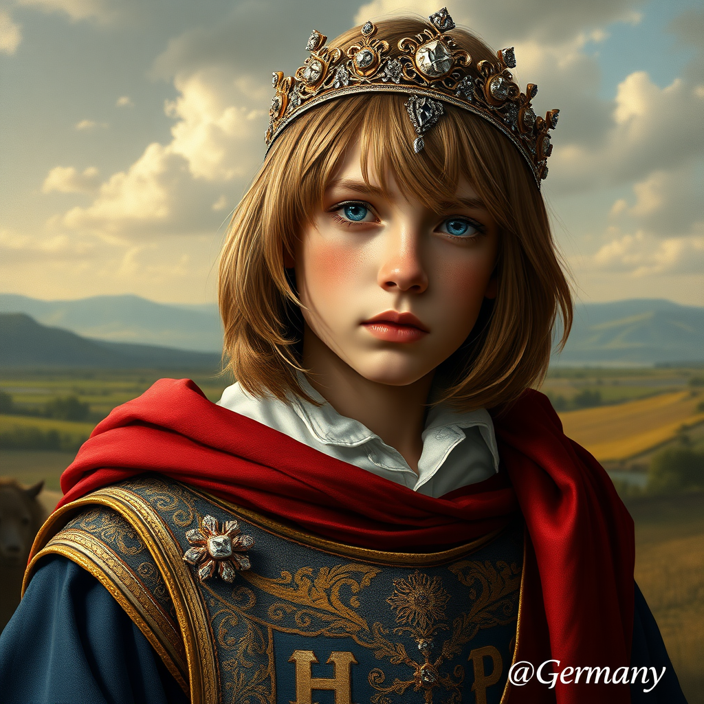 16yo teen boy prince, long bob cut, embroidered with gold and diamonds medieval cloths, diamond diadem, and Beautiful War. Free style by FLUX photorealistic. The background is in the style of landscape style by Antonio del Polaiolo, Generating the signature at the bottom: Viva FLUX and Germany!, ultra high resolution, 16K,