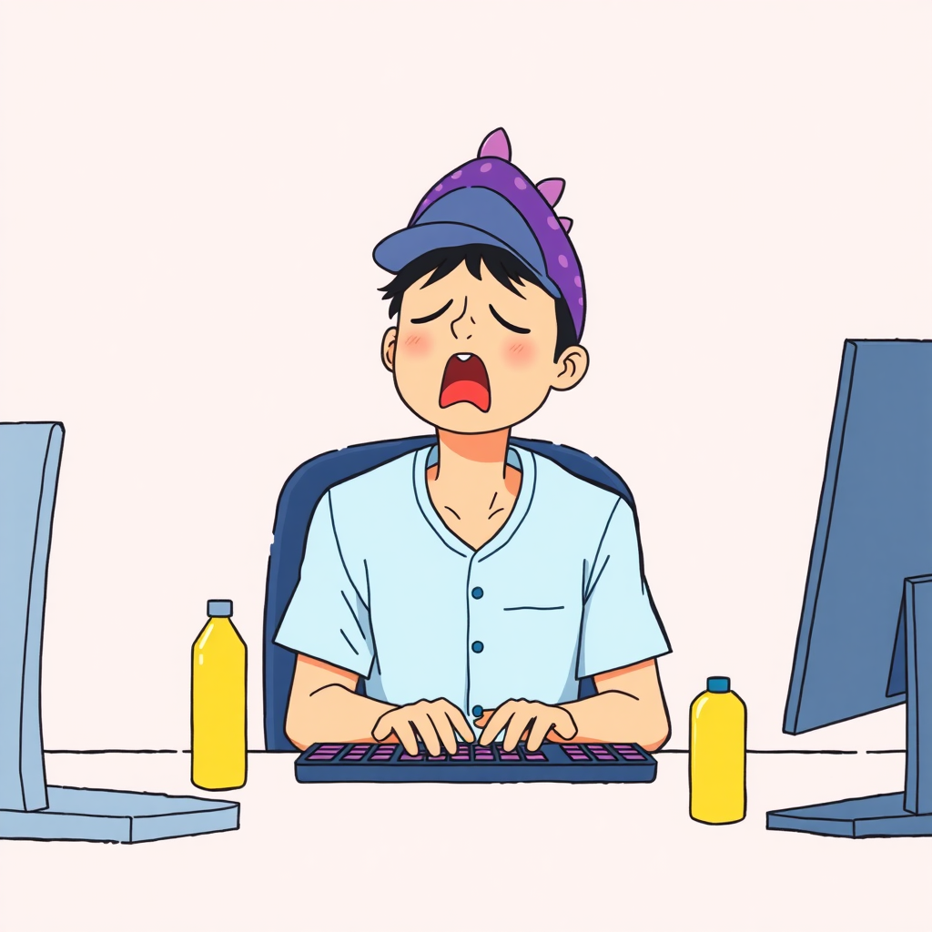 A high-quality illustration of a person sitting at a desk in front of a computer, yawning, with a purple dinosaur-themed cap and light blue shirt. The desk has a computer screen, a keyboard with purple keys, and a yellow bottle beside it. The view is the same as the original image with a light pink background and similar details, but the person now has a dinosaur cap instead of the original one.