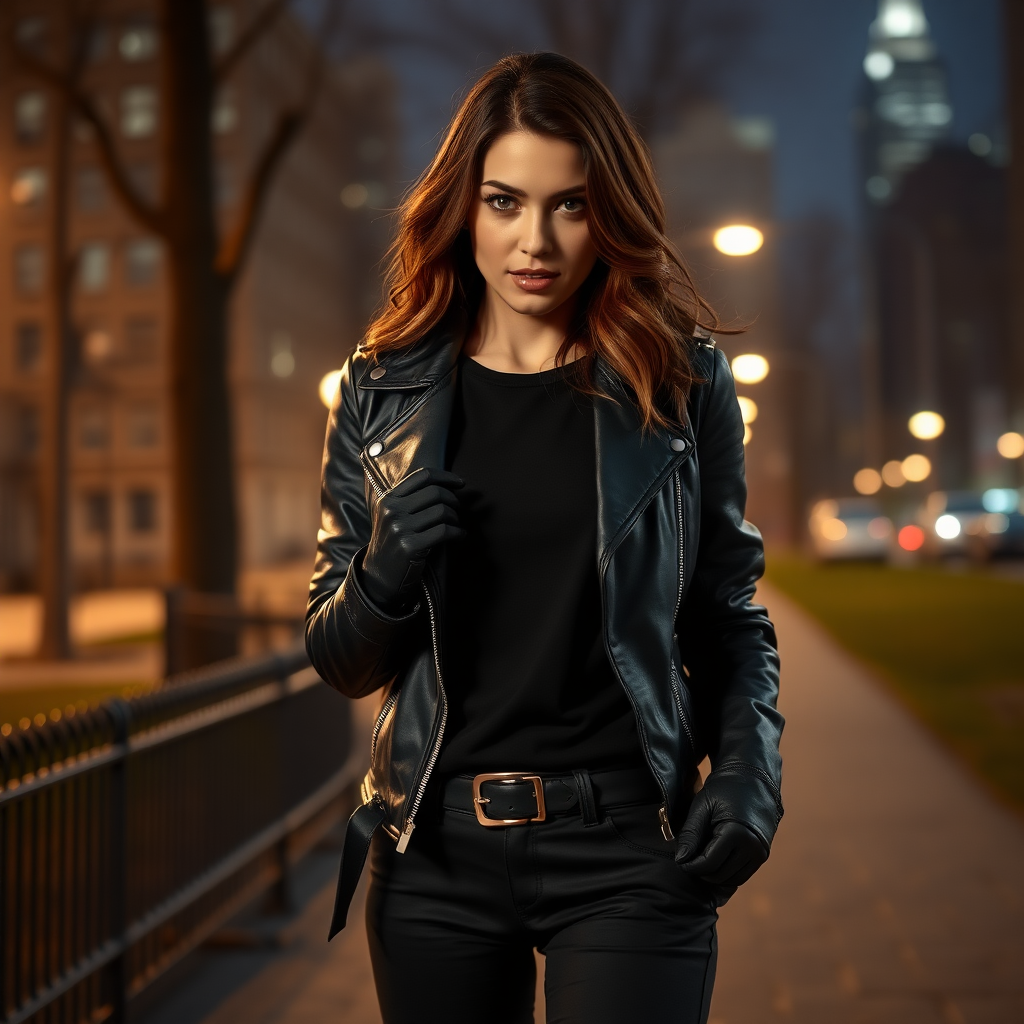 A beautiful brunette badass female burglar in black leather jacket over black t-shirt with black pants and gloves in Manhattan park at night.