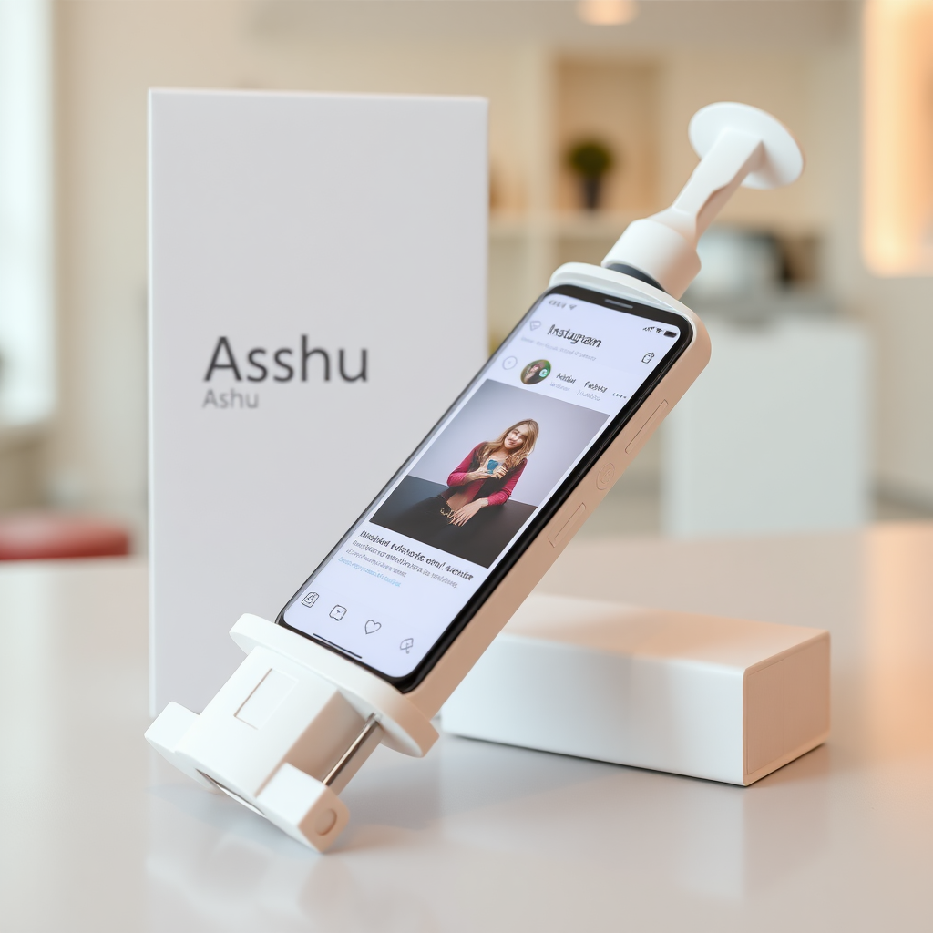 A close-up straight front view of a mobile phone in a shape inspired by a syringe, white pink futuristic, kept for sale leaning against a box with the text "Ashu" and a minimal design, in a showroom, touchscreen phone with an Instagram page open on the screen, needle on top, white punk.