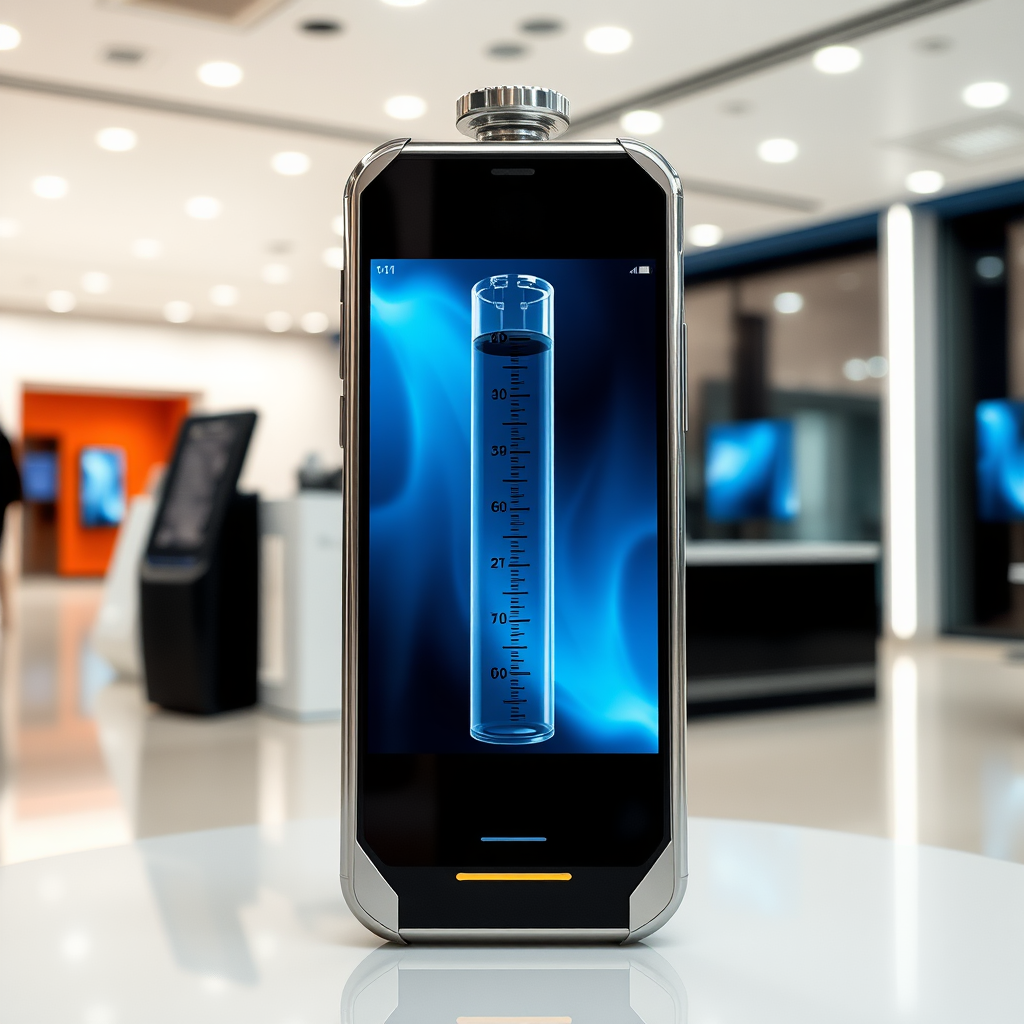 A front view mobile phone in the shape inspired by a syringe, metallic futuristic, kept for sale, in a showroom, metallic body, touchscreen phone with on screen