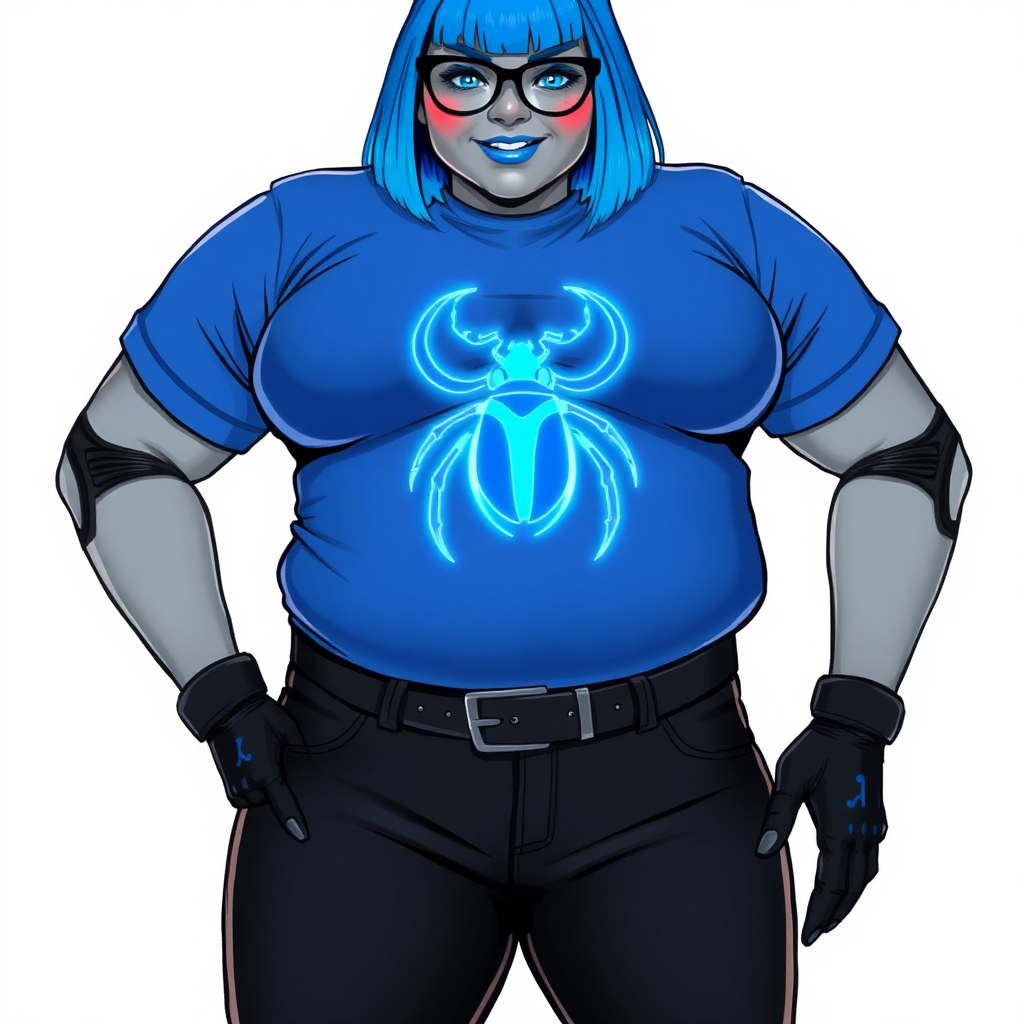 A 28-year-old, full-figured, metallic middle gray skinned computer program hybrid with a maximum blue bob cut. She has a non-athletic build, highlighted by a prominent, round, large midsection (with emphasis on her belly). As a digital sidekick, computer hacker, and nerdy girlfriend to her cyberpunk vigilante boyfriend, her middle gray metallic skin and maximum blue lipstick emphasize her digital nature. She wears a huge, tight-fitting, maximum blue t-shirt (accentuating her large belly) with a neon blue glowing chest icon of a beetle, black pants, a black belt with a sapphire scarab buckle, and black gloves. Her bright blue eyes, black eyeglasses, and lovestruck smile with neon red blush accentuate her nerdiness. She stands bashfully with her hands behind her back, her t-shirt covering her midsection (especially her large belly) and emphasizing her full-figured, non-athletic physique. She is on a solid white background. She is drawn as if she was in a retro 2D cyberpunk fighting game. She is clearly non-athletic, with a focus on her full-figured physique. Ensure her t-shirt covers her midsection (especially her large belly).