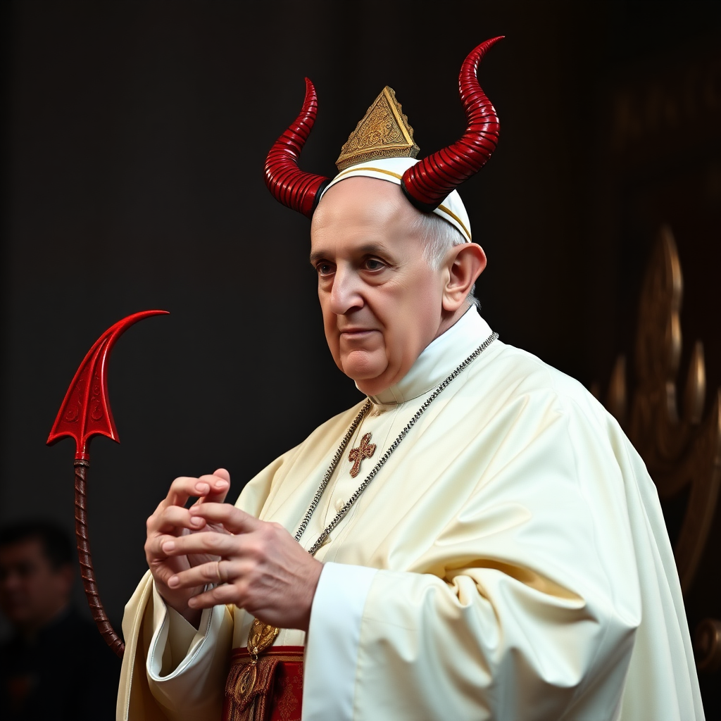 Pope Francis with devil's horns, tail, hoofs