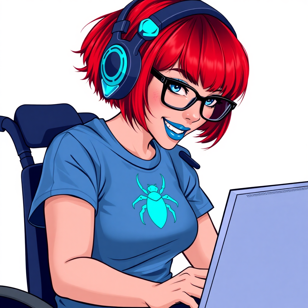 A hot, nerdy, 28-year-old computer hacker in a wheelchair, with a unique, fiery crimson bob cut, maximum blue lipstick, and piercing blue eyes. She wears a maximum blue t-shirt adorned with a maximum turquoise beetle chest icon. Her accessories include a sapphire headset, sleek black eyeglasses, a lovestruck smile, and neon red blush. She serves as her vigilante boyfriend’s tech expert from his secret hideout, diligently working at her computer. The background is a solid white. She is drawn as if she was in a retro 2D cyberpunk fighting game. Ensure her hair color is distinct from DC’s superheroine Oracle and any other character.