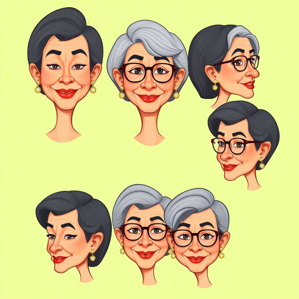 Photorealistic image of six headshots of a 50 Years old, fit, European, Latina, sharp aquiline nose, wrinkles, high cheekbones, Middle Eastern, Skinny, Tanned skin, Dark light skin, full Makeup, jewelry, Sharp nose, frowning, exaggerated cartoon expression, lascive smile, dark grey Ash hair, short bowl haircut, Brown eye color, half closed eyes, round Glasses, with detailed features. Each photo displays the same face in back, profile and front view, cut out and isolated on a green background. All six heads are visible side by side, empty space around each view, no overlapping. 2D, caricature, cartoon, Sketch lines, coloring book style, well composed, clean coloring book page, No dither, no gradient, strong outline, vector illustration