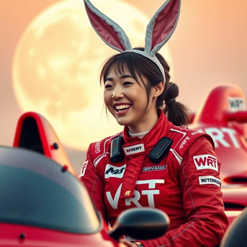 A red racing car is emblazoned with WRT, while a beautiful Chinese female racer wearing rabbit ears is laughing. The racing suit also has WRT written on it, and the background features an enormous moon.