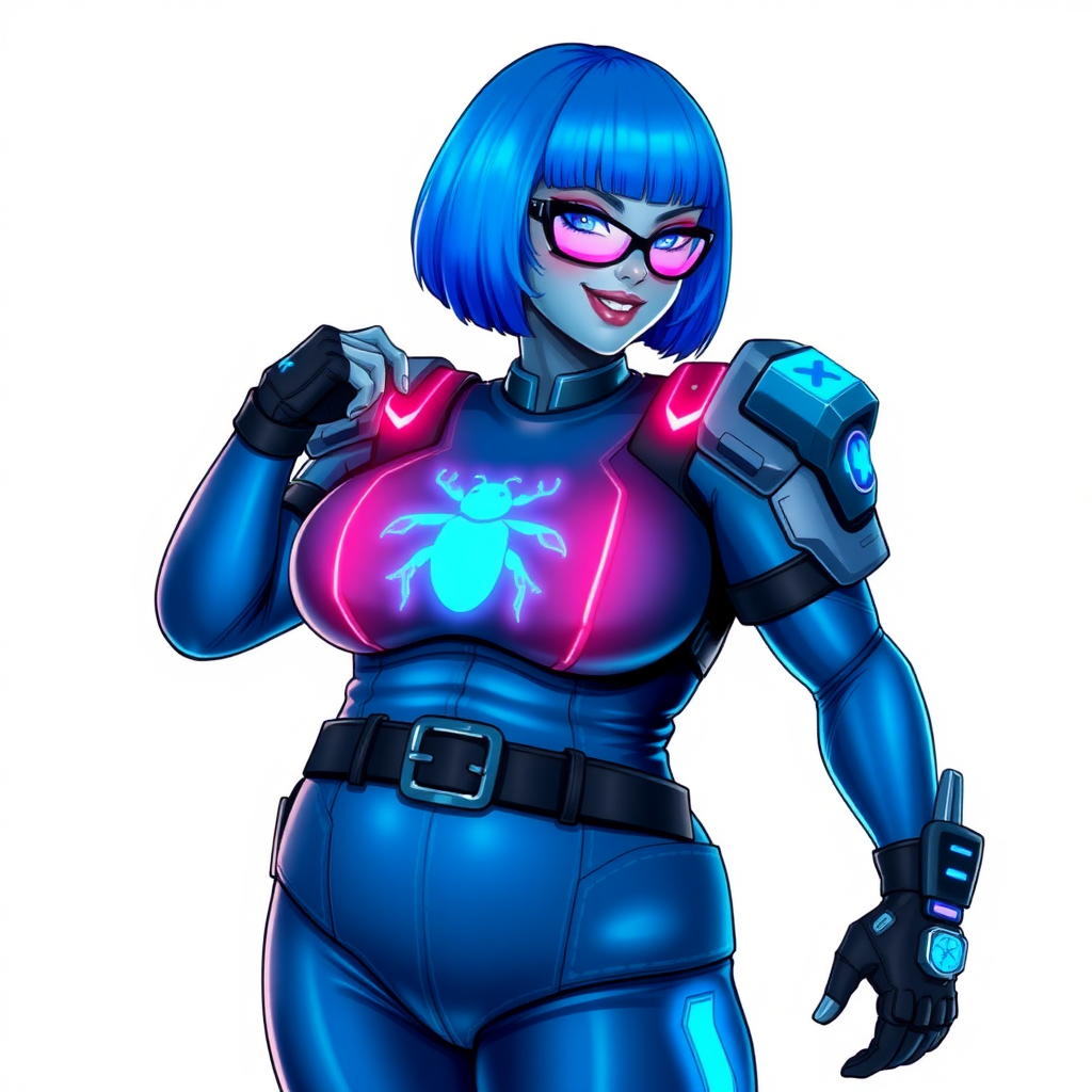 A 28-year-old, full-figured, metallic maximum blue (5PB 5/10) skinned computer program hybrid with a maximum blue bob cut. She has a non-athletic build, highlighted by a prominent, round midsection (with full emphasis on her round belly), which shows the effects of her love of junk food acquired from her boyfriend. As the full-figured, nerdy, digital sidekick to her cyberpunk vigilante boyfriend, her metallic maximum blue skin and maximum blue lipstick (5PB 5/12) emphasize her digital nature. Her skin has a subtle, animated glow, with digital patterns occasionally flickering across it, making her digital nature obvious. She wears a digital, computerized costume, consisting of a massive, tight-fitting, maximum blue biker shirt (5PB 5/12) made out of advanced nanotech with a neon blue glowing chest icon of a beetle, hi-tech shoulder pads with neon blue accents, a black hi-tech belt with a digital neon blue glowing buckle, digital maximum blue biker pants (5PB 5/12) with neon blue accents, and black hi-tech fingerless biker gloves with neon blue glowing accents. Her neon blue glowing eyes, black eyeglasses with neon blue glowing lenses equipped with a built-in HUD, and bashful smile with neon red blush accentuate her nerdiness. She stands bashfully with one hand behind her back and the other hand gently touching her cheek, her costume covering all her skin and fully emphasizing her full figure (especially her round belly). She is clearly non-athletic, with a focus on her full-figured physique. Despite her build, she radiates beauty. She has a slim face compared to her physique, accentuating her radiant beauty. She is on a solid white background. She is drawn as if she were in a retro 2D cyberpunk fighting game.