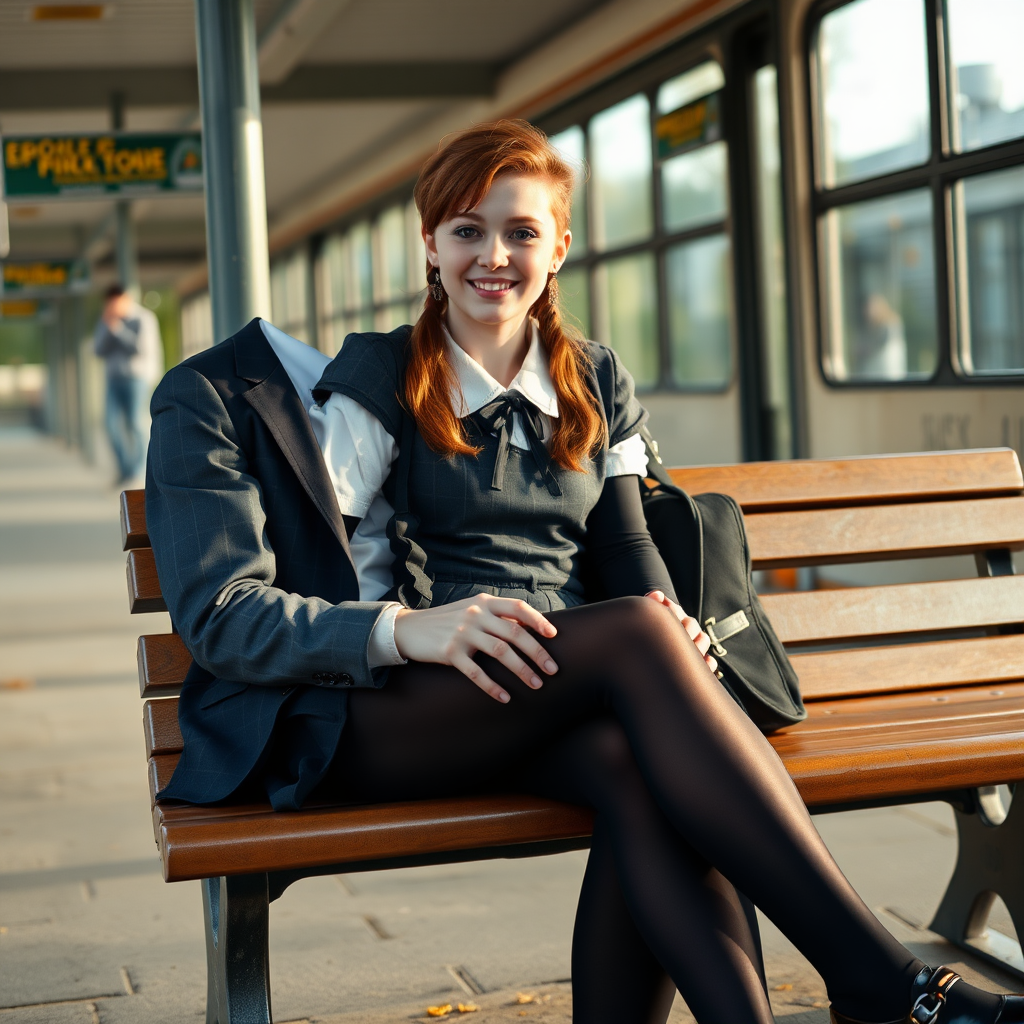 photorealistic, ultra high resolution, 16K, surreal fantasy, soft studio lighting, a pretty 18 year old goth male, slim male physique, auburn hair, goth makeup, earrings, shiny black pantyhose, UK girls-school uniform, Mary-Jane shoes, sitting on his boyfriend's lap on a bench waiting for the school bus, in daylight, excited smile, facing the camera.