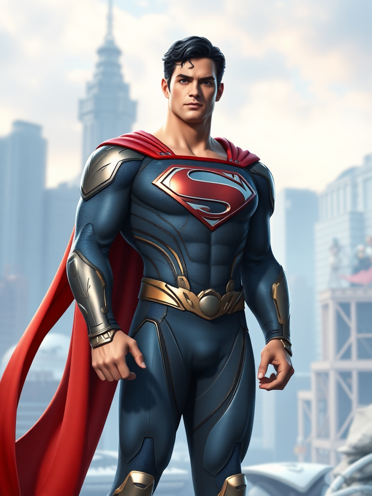 Create a full-length image of Superman with the body traits of Mei-Ling from Overwatch. Retain Superman's original head and face. Emphasize a muscular yet slightly more agile torso, with broader shoulders and a toned midsection reflecting Mei-Ling's physique. Keep Superman's core costume but add intricate, tech-inspired embellishments and elements from Mei-Ling's outfit, like subtle ice-blue accents and armored patches. The background should blend Metropolis's urban landscape with Mei-Ling's icy, scientific environment, creating a balanced setting that reflects both characters' worlds.