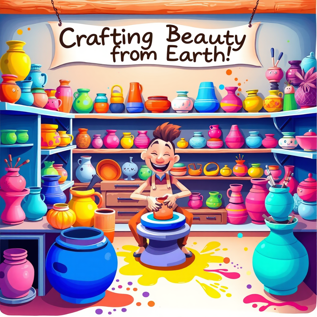 An imaginative scene of a vibrant pottery studio with colorful ceramics of various shapes and sizes displayed on shelves, with a cheerful potter working on a wheel, surrounded by splashes of paint and clay, and a banner overhead reading, "Crafting Beauty from Earth!"