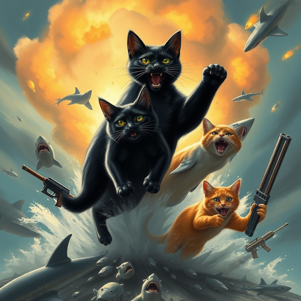 1 black cat, 1 dark brown cat, 1 light brown cat, and 1 orange cat coming out of an explosion with sharks and weapons.