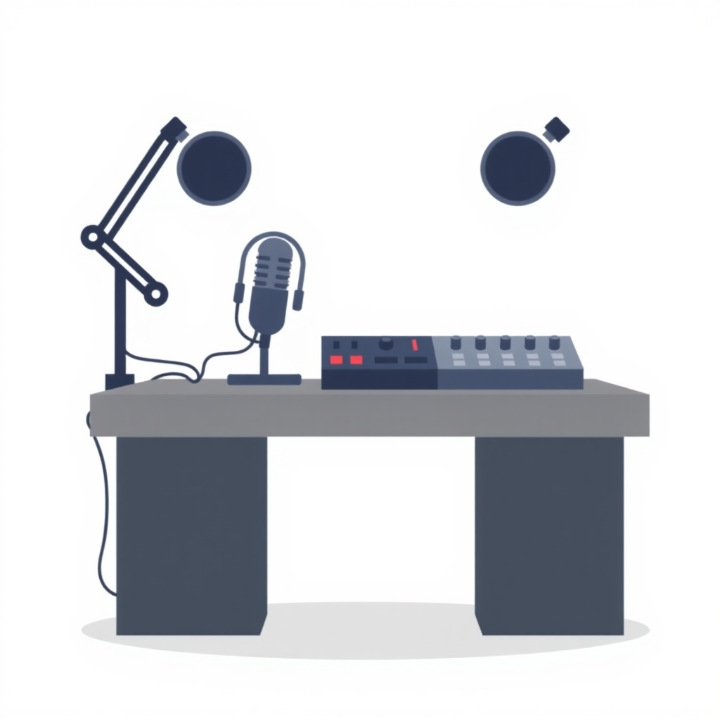 A minimalist, flat design illustration of a podcast setup. The image should include a microphone, headphones, and a sound mixer on a simple desk or tabletop. The background should be a plain, neutral color like white, gray, or light blue. The overall style should be clean, modern, and visually appealing as a generic stock image for podcasting.