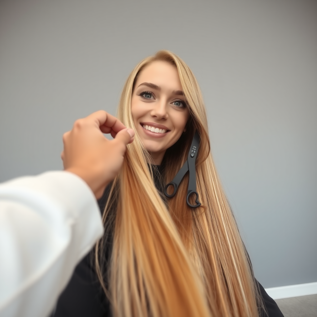 POV, beautiful very long haired blonde woman sitting in a hair salon smiling at the camera while I reach out from behind the camera to trim her very long hair.  Plain gray background.