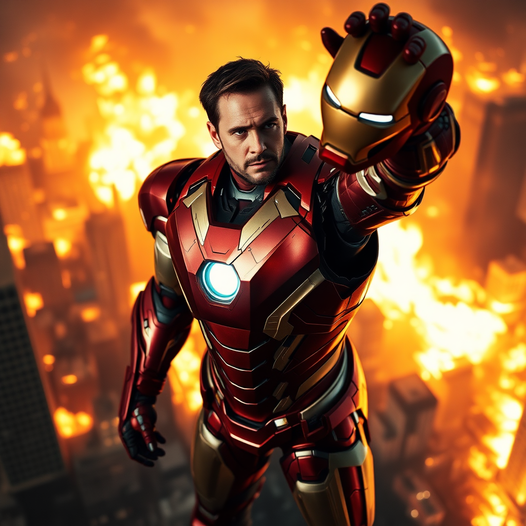 An electrifying, high-contrast shot of tonystark standing resolutely, Iron Man suit glistening, helmet raised, showing his carismatic expression, amidst a cityscape engulfed in flames, camera angle: sweeping bird's eye view from above, with intense warmth and sharp shadows to emphasize his heroic stance.