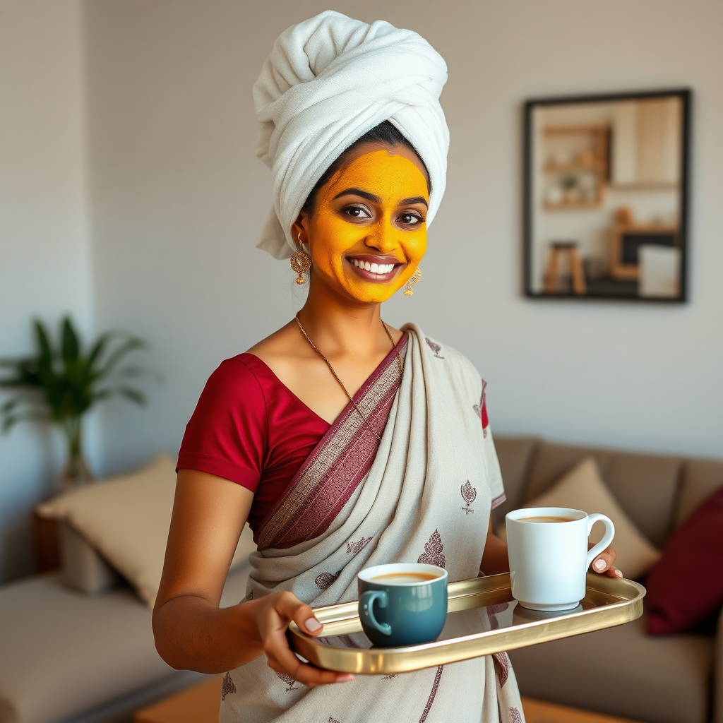 slim, 30 year old, indian Bride, towel head, turmeric face mask. She is smiling and serving coffee on a tray in living room.