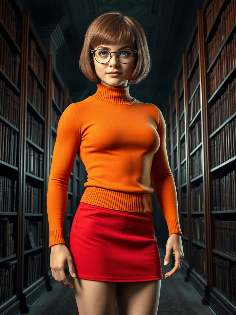 Generate a full-length photorealistic image of a composite character: Velma Dinkley's head, intact with her signature short reddish-brown bob, round glasses, and intelligent facial features, atop an inverted triangle body type of a male bodybuilder, featuring broad shoulders, muscular arms, and a narrow waist. Retain Velma's classic costume, altered to fit the new body: an orange turtleneck sweater stretched across the muscular chest, a red miniskirt adjusted to fit the larger frame, and her iconic red Mary Jane shoes. Add details like visible muscles beneath the sweater and skirt, emphasizing the contrast between the feminine attire and the masculine physique. Set the background inspired by Velma's character, perhaps a detailed, mysterious library filled with ancient books and odd artifacts, or a spooky, abandoned mansion with eerie shadows and hidden secrets.