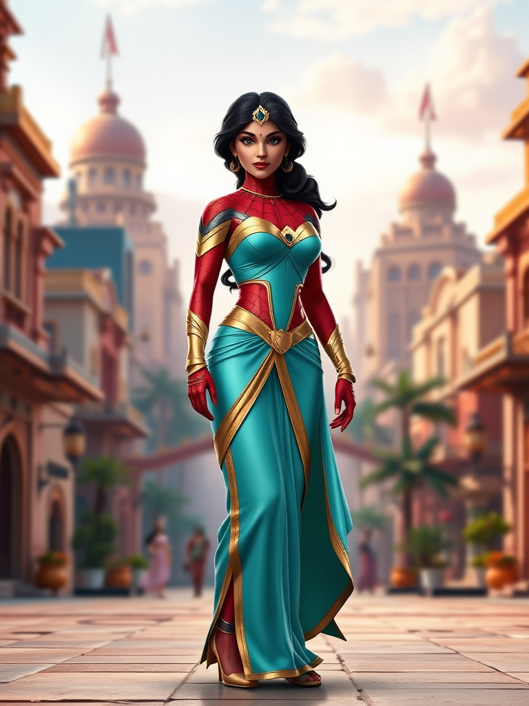 Create a full-length photorealistic render featuring Princess Jasmine with Spider-Man's body type. Retain Jasmine's head while adjusting the body structure and silhouette to reflect Spider-Man's physique and gender. Modify her costume to fit this new body type, ensuring it retains elements of her original design. Place the character in a vibrant, appropriate background that blends elements of Agrabah and a modern urban cityscape, symbolizing a crossover between their worlds. Please maintain a balance of both characters' themes in the setting.