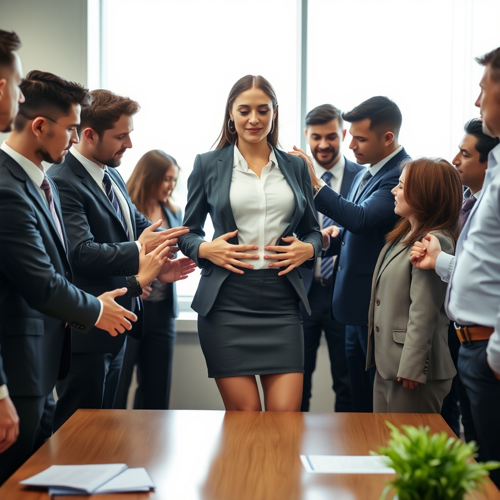 a business woman in the office, her many male colleagues are surrounding her, touching her all over her body