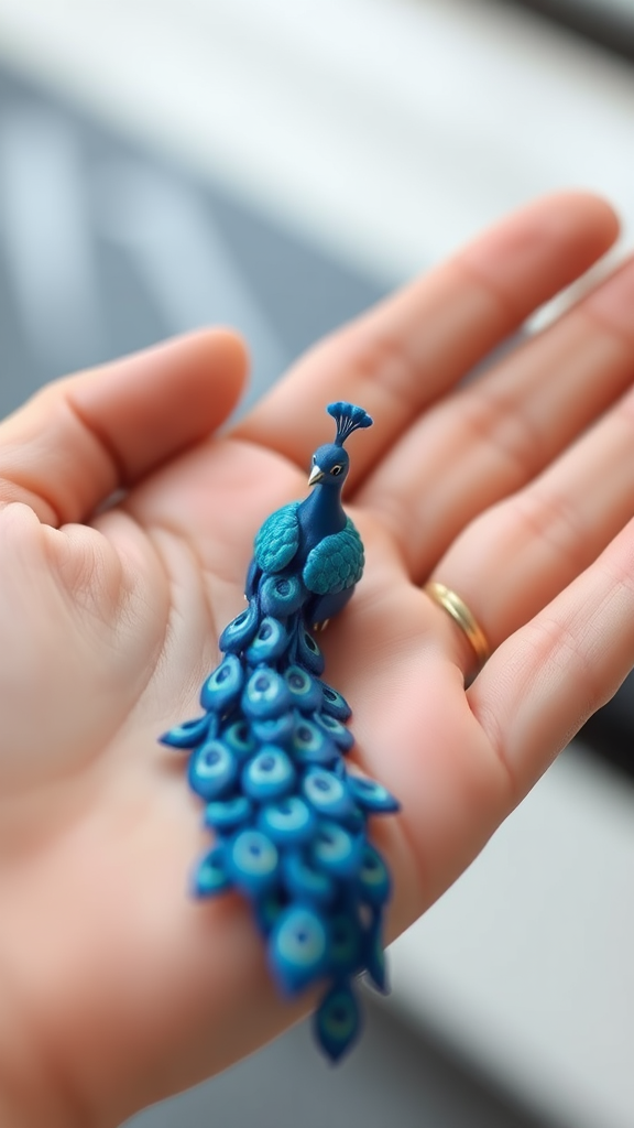 A small tiny miniatures blue peacock on hand