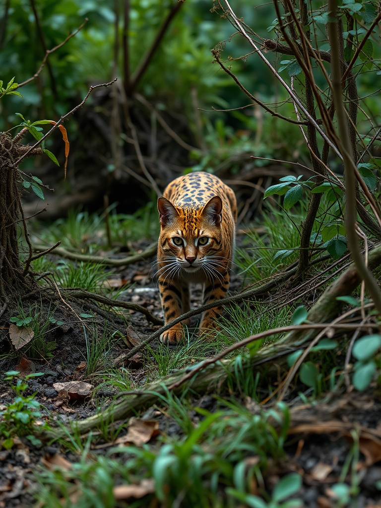 Create a hyper-realistic 4K image of a Rusty-Spotted Cat in its natural habitat. The setting should include dense forest, shrubs, and grassy areas typical of India and Sri Lanka. The cat should be shown moving stealthily through the undergrowth, with its rust-colored spots visible against the natural backdrop. The scene should evoke a sense of the wild, with rich details of the forest floor and foliage.