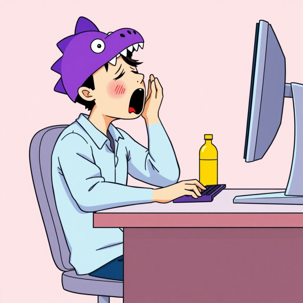 A high-quality illustration of a person sitting at a desk in front of a computer, yawning, with a purple dinosaur-themed cap and light blue shirt. The desk has a computer screen, a keyboard with purple keys, and a yellow bottle beside it. The view is the same as the original image with a light pink background and similar details, but the person now has a dinosaur cap instead of the original one.