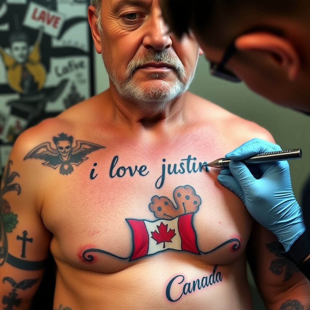 A 55-year-old man is getting tattooed on his chest with "i love justin" above a tattoo of the Canadian flag and several tattoos on his body including "i love canada." We see his face and the tattoo artist tattooing his skin.