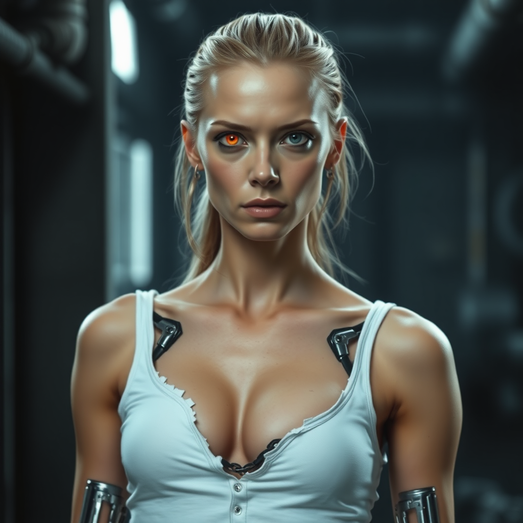 A photo-realistic image of 28 yr old Scarlett Johannsson cybernetic organism, living tissue over a metal endo skeleton with a partially torn white tank top, revealing a metallic robotic structure on her body, arms, face, metallic eye red terminator, and limbs. dimly lit, industrial setting, with shadows and soft lighting that emphasize her serious, determined expression. The lighting is dramatic, highlighting the contrast between her human skin and the exposed robotic components. The overall mood is intense, blending science fiction elements with a realistic, gritty atmosphere.