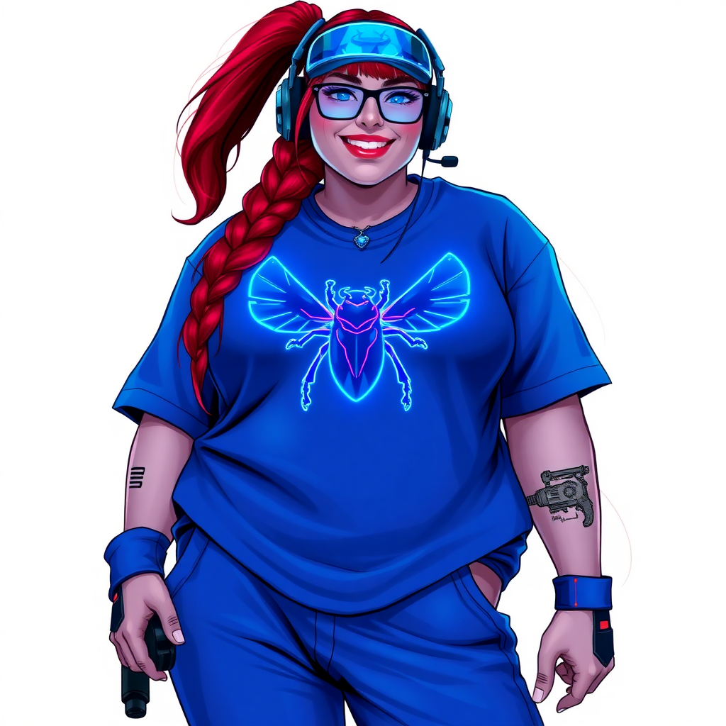 A cyberpunk vigilante’s full-figured intelligent and tech-savvy 29-year-old girlfriend, who is a computer hacker and tech genius. She has a long ruby red ponytail and bright blue eyes. She wears a sapphire beetle gemstone necklace, an oversized Maximum Blue (RGB 71, 171, 204) t-shirt featuring a neon blue glowing chest icon of a winged beetle, and matching Maximum Blue (RGB 71, 171, 204) sweatpants. She has a full-figured physique with a prominent, gargantuan, well-rounded midsection, reflecting her well-cared-for lifestyle. Her midsection is heavily emphasized. She sports a sapphire headset with a hi-tech sapphire lensed HUD visor, Maximum Blue (RGB 71, 171, 204) lipstick, black eyeglasses, and a beaming smile with a passionate bright red blush. Despite her figure and a lack of self-esteem, she radiates an air of beauty. She has an angular face which contributes to her radiant beauty. She serves as his tech expert from his hideout, holding a holographic tablet and a hi-tech tool wrench. The background is solid white. She is drawn as if she was in a retro 2D cyberpunk fighting game. Make sure her outfit covers her midsection.