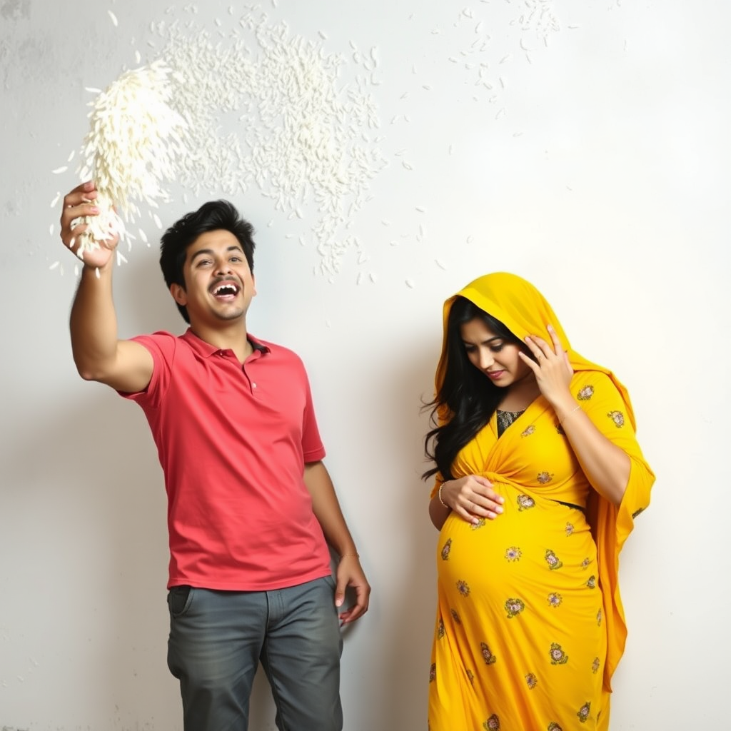 A young white man throwing rice at the wall, while his pregnant wife cowers in fear.