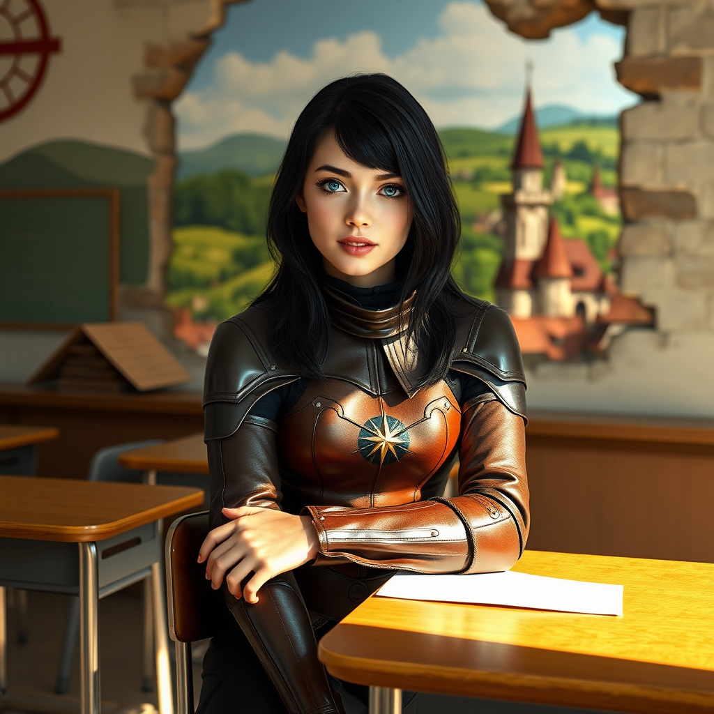 beautiful young woman, dark hair past her shoulders, blue eyes, small, slim figure, wearing full leather armor suit, sitting in a school classroom at student desk with the wall missing with a beautiful medieval village in the background.