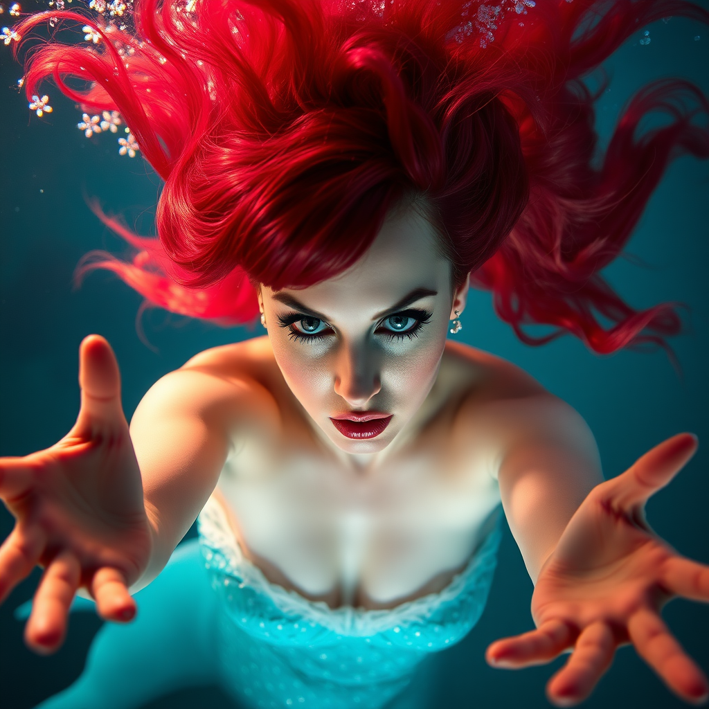 Katy Perry as a mermaid underwater, hair floating in a nimbus around her beautiful face, her arms outstretched towards the viewer, and she's looking down into the viewer's eyes, making intense eye contact. Diaphanous. Real DSLR HD Photography. Burlesque.