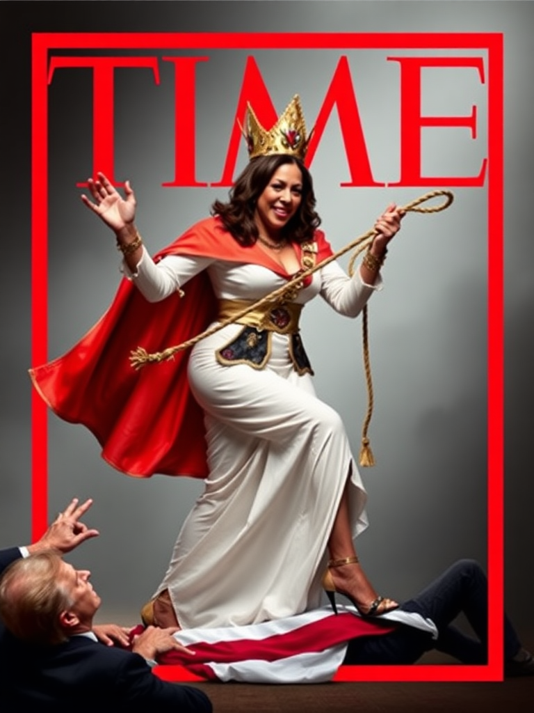 if Time Magazine had a cover of Kamala Harris in SM Queen costume is holding a whip and stomping on Trump