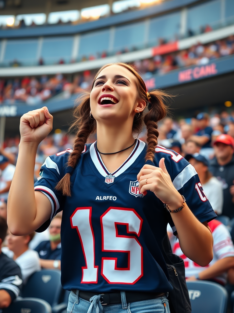 Very attractive female NFL fan, huge chest, jersey, cheering wildly, pigtail hair, crowded stadium bleacher row