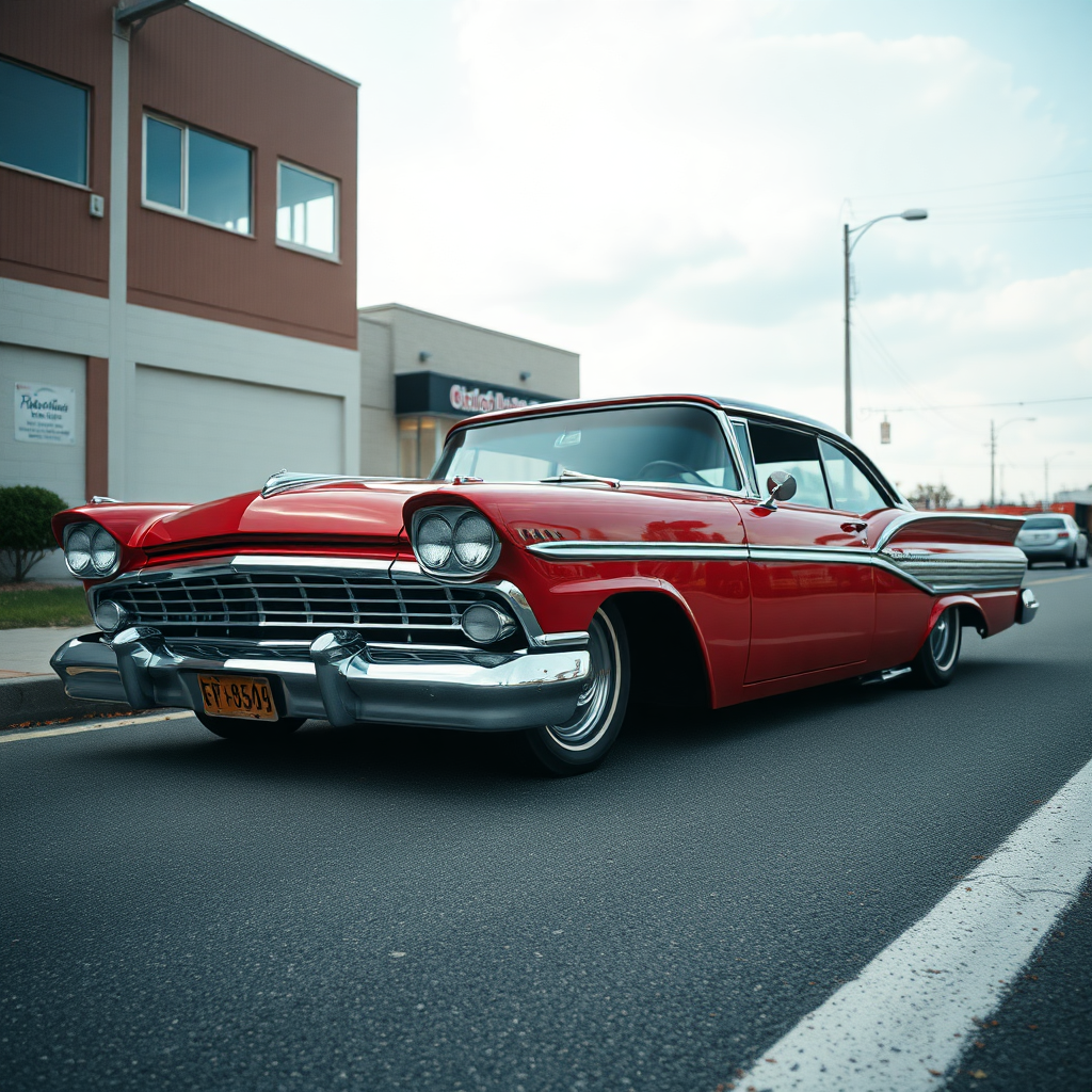 the drag car is parked on the side of the road, inspired by Taiyō Matsumoto, tumblr, restomod, nd4, c4 metallic shine candy red classic american low rider custom ford