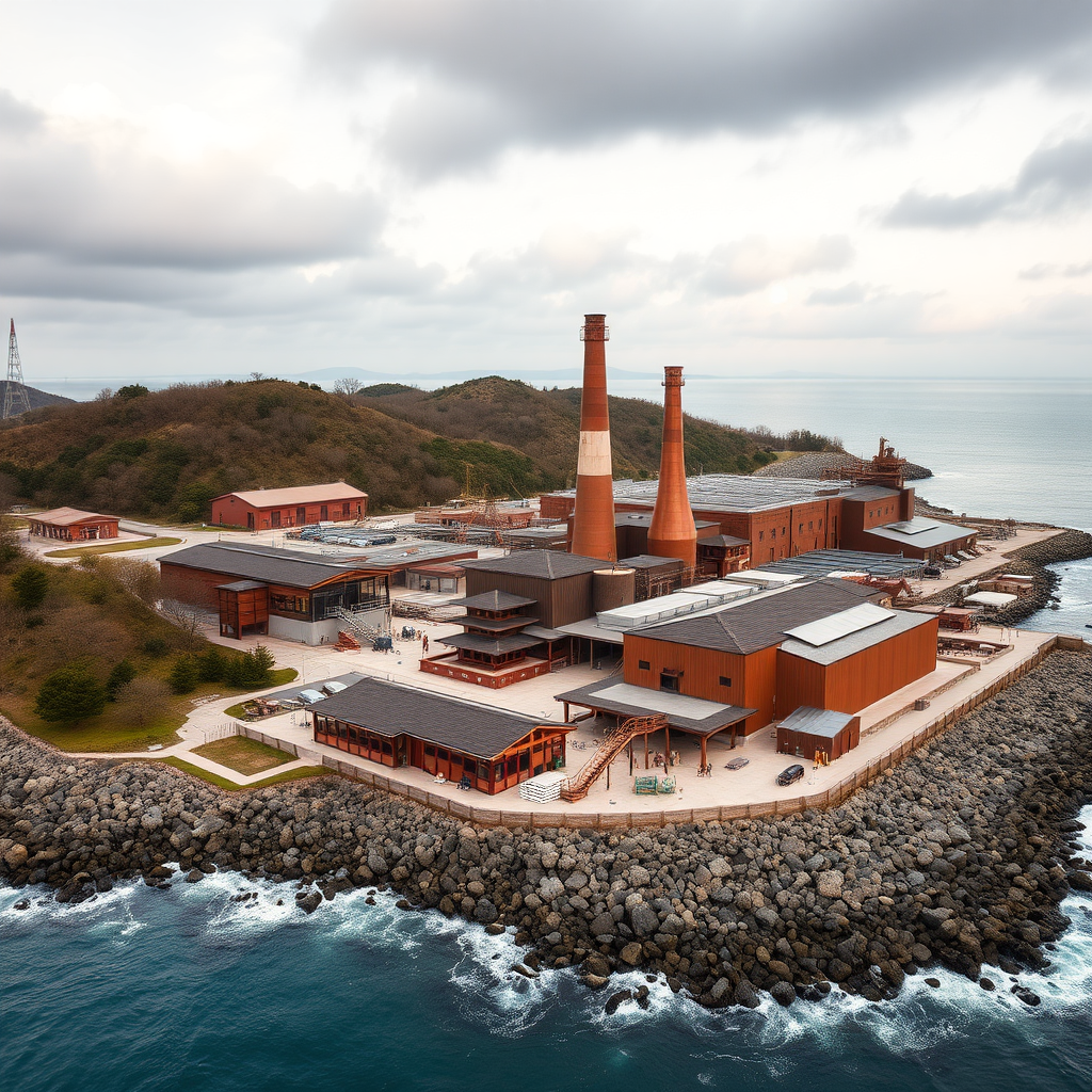 Modern whiskey distillery with pagodas and warehouses on a coast from a bird's-eye view.